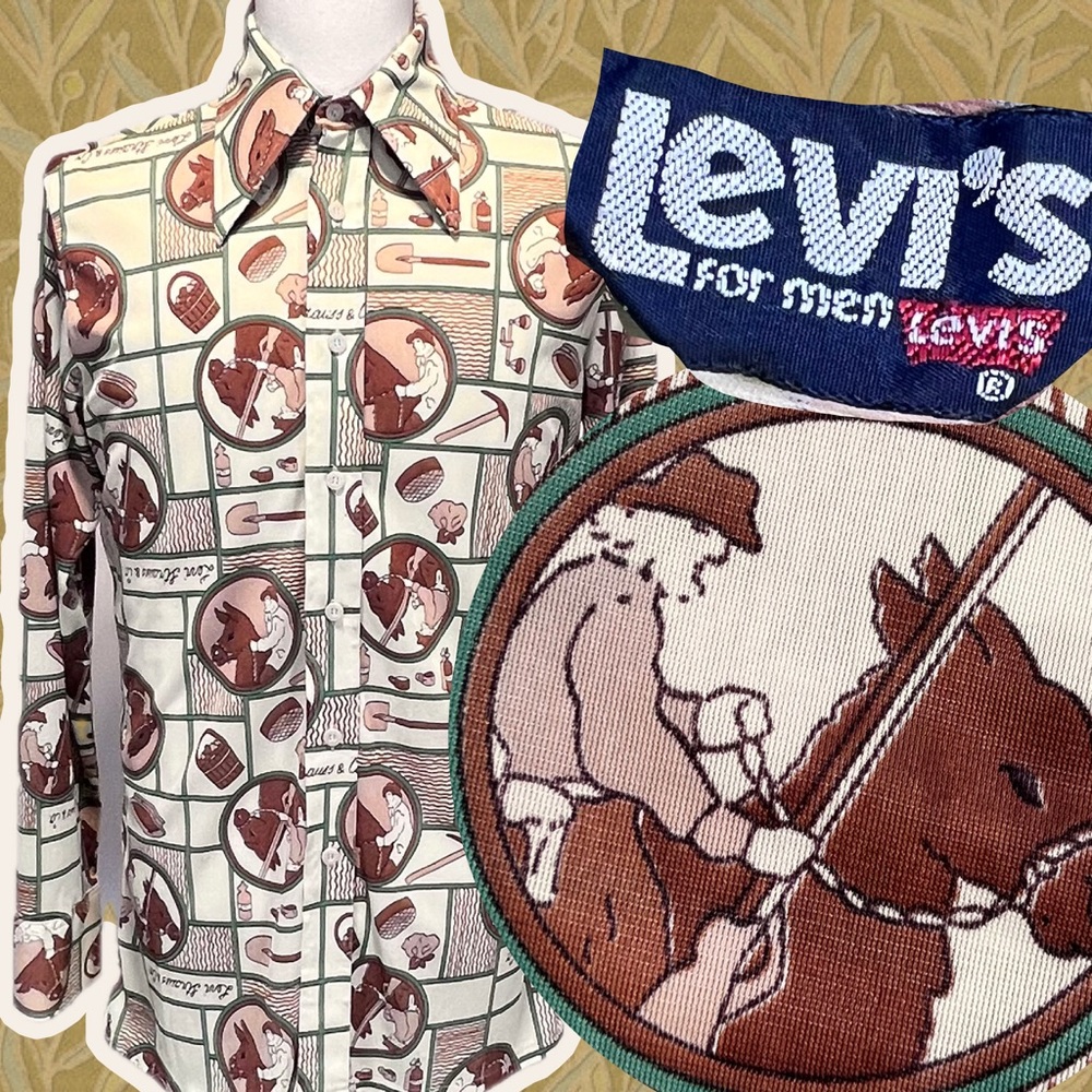 VINTAGE 70s Levi Strauss disco dagger collar‎ button down shirt gold rush miner